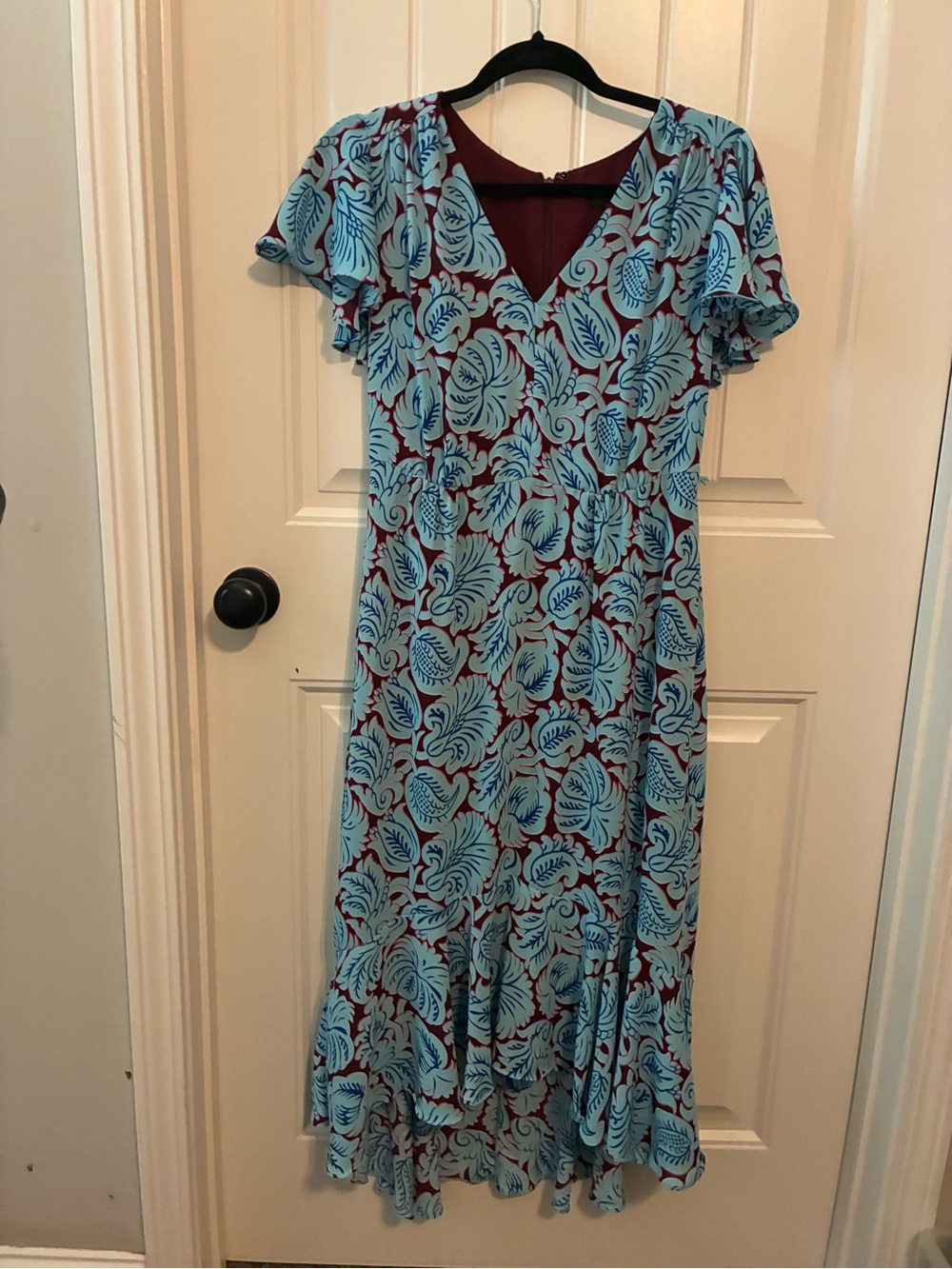 J. Crew Blue and Maroon Floral Flutter-Sleeve Maxi Dress